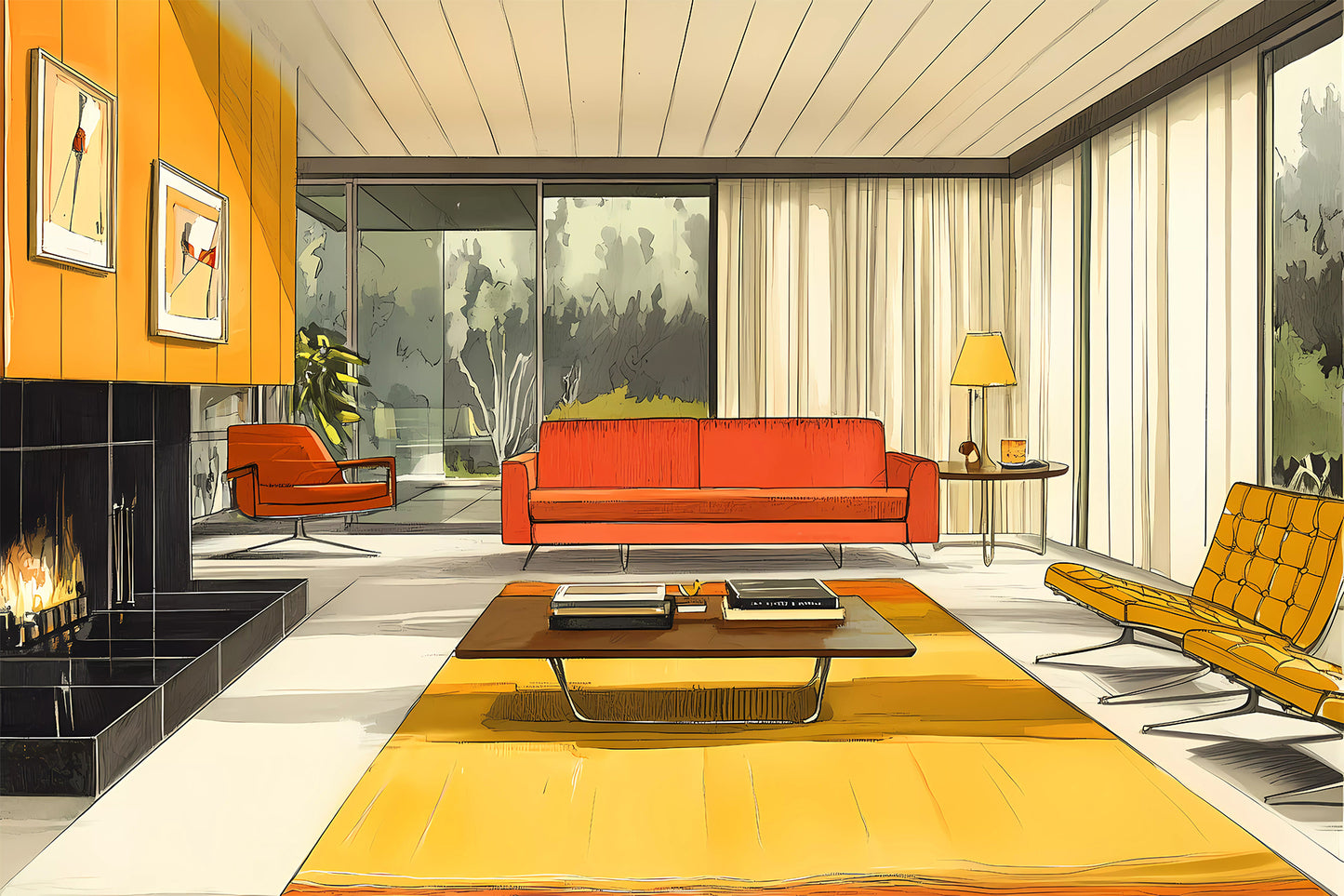 Mid-Century Modern Living Room Print – Retro Architecture Interior