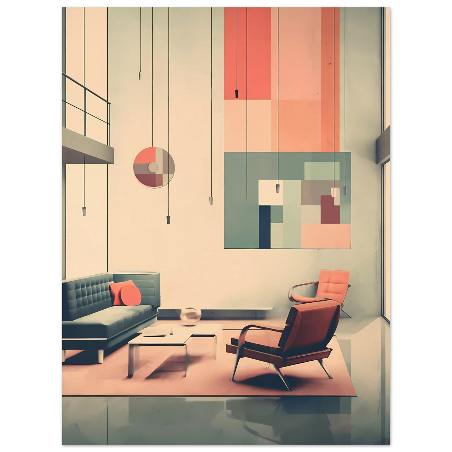 Midcentury Modern Living Room – Coral & Teal Retro Lounge with High Ceilings