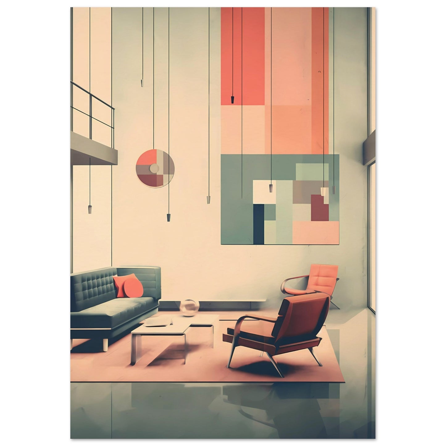 Midcentury Modern Living Room – Coral & Teal Retro Lounge with High Ceilings