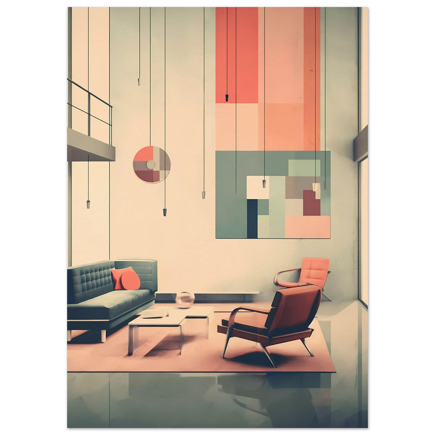 Midcentury Modern Living Room – Coral & Teal Retro Lounge with High Ceilings