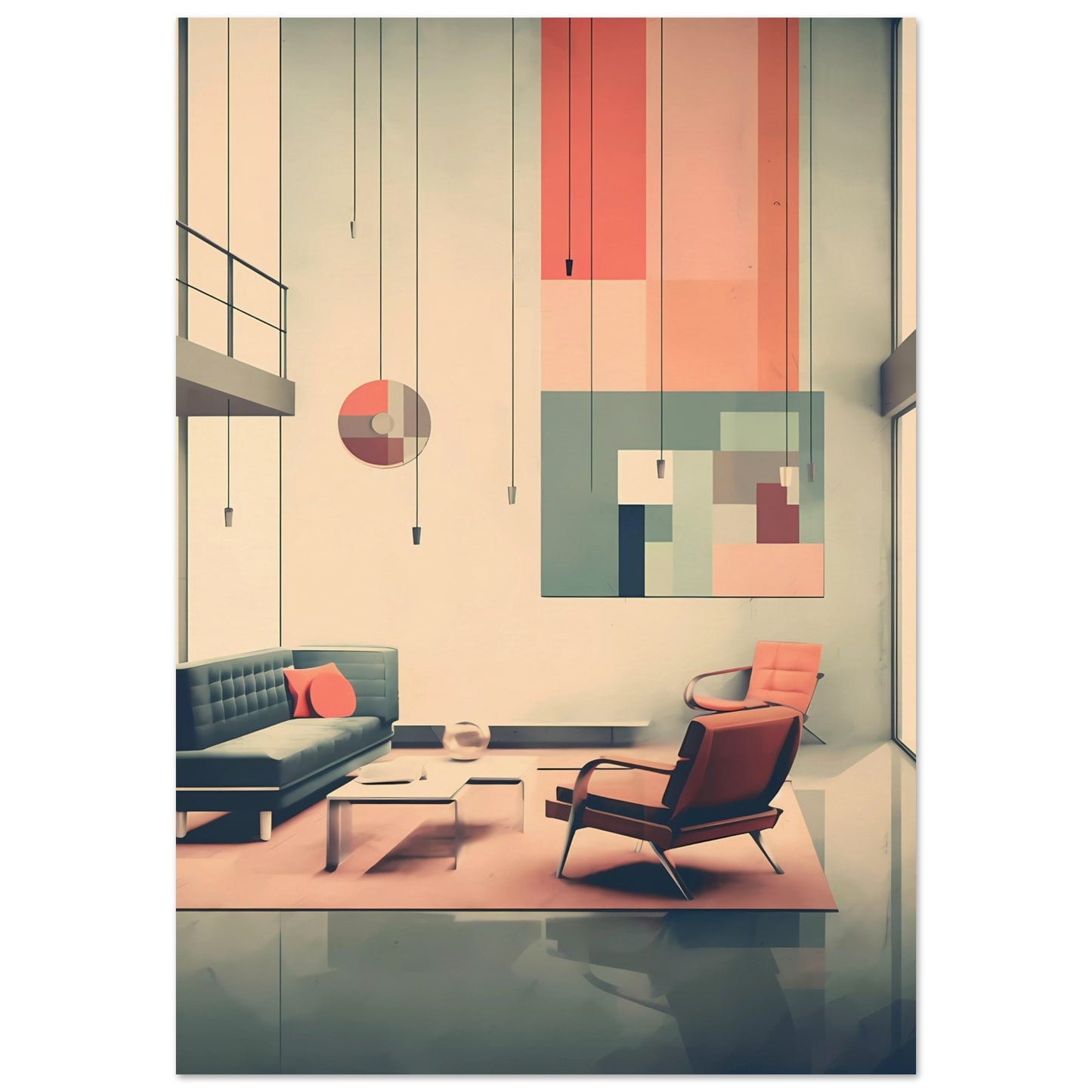 Midcentury Modern Living Room – Coral & Teal Retro Lounge with High Ceilings