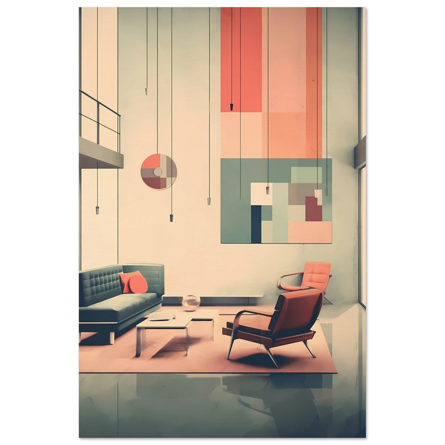 Midcentury Modern Living Room – Coral & Teal Retro Lounge with High Ceilings