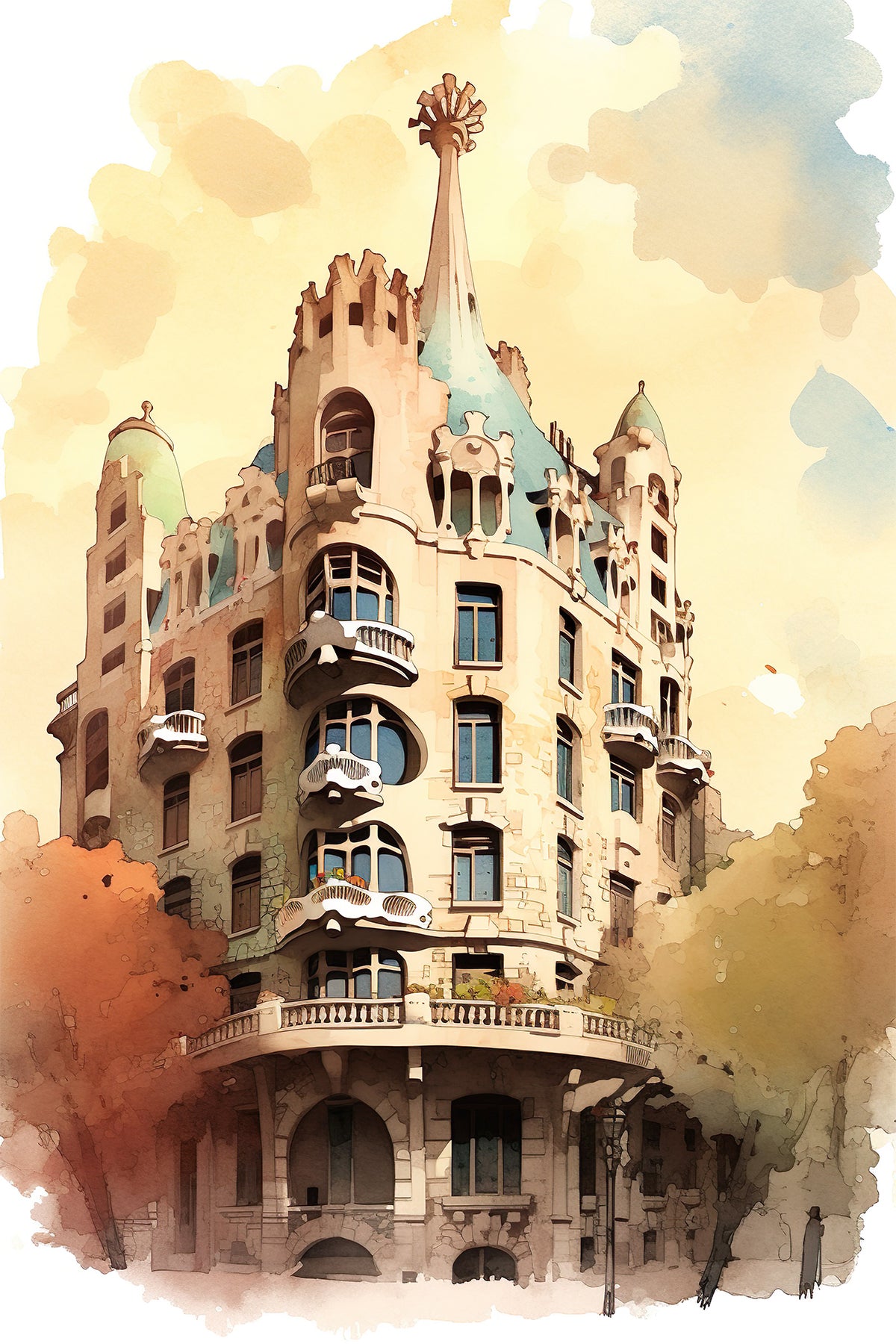 Barcelona Art Print – Gaudí Watercolor Architecture, Modernist Building
