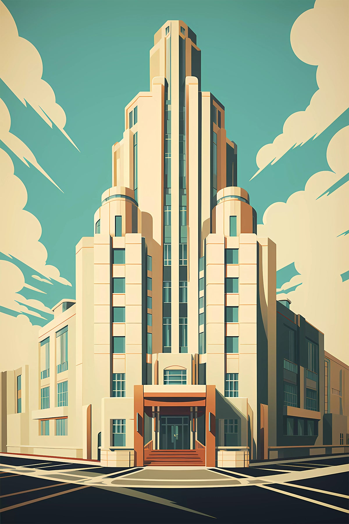 Retro  Art Deco Skyscraper Illustration in Vintage Pastel Tones