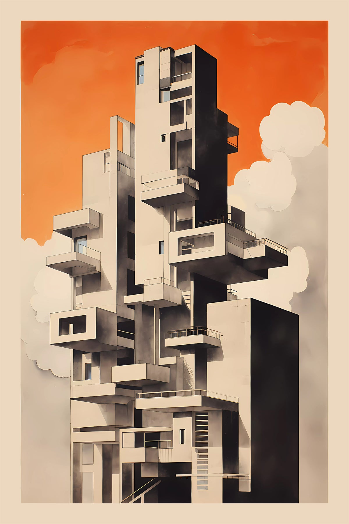 Brutalist Architecture, Abstract Concrete Facade with Geometric Balconies