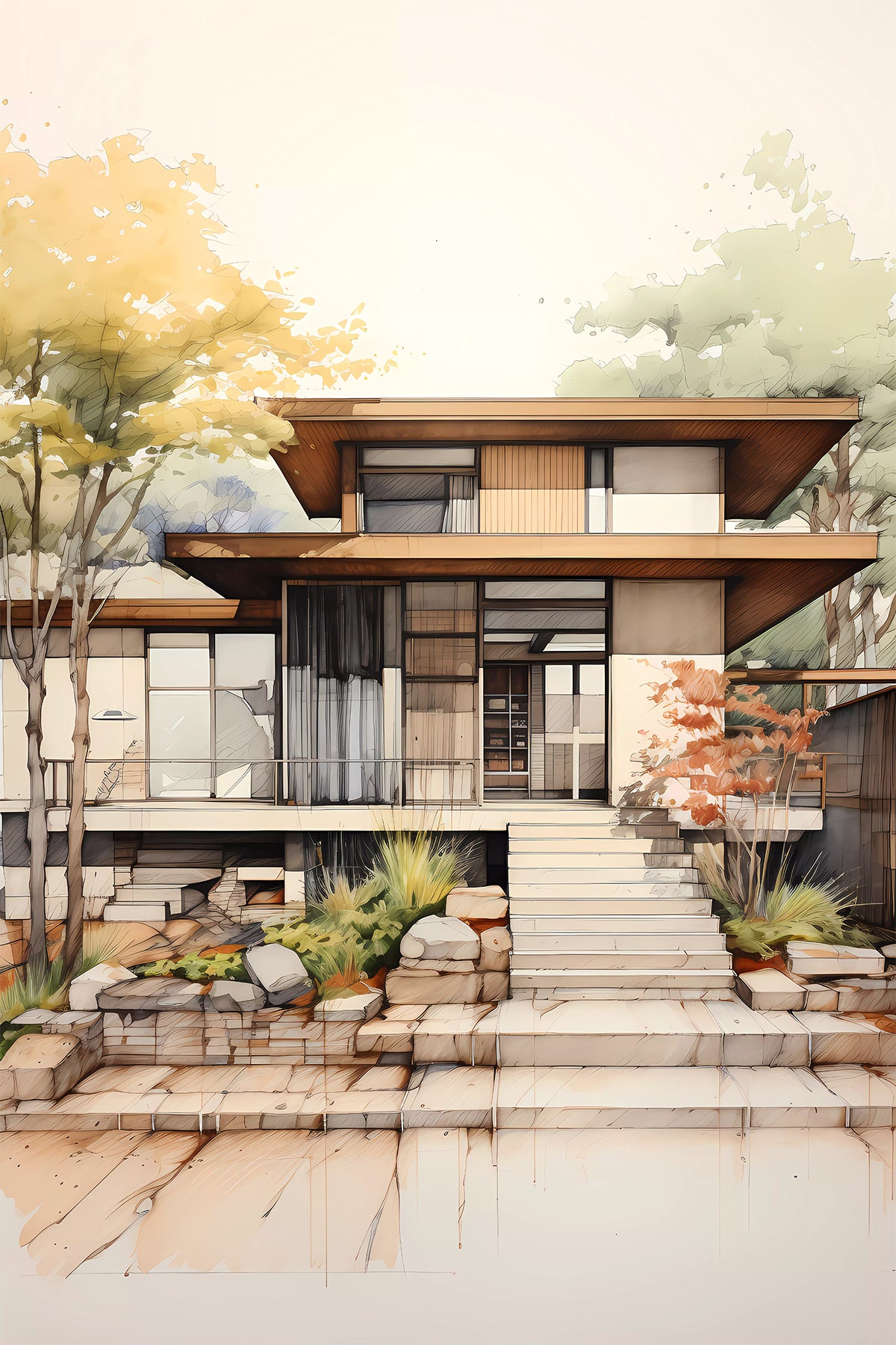 Modernist Retreat Illustration – Mid-Century Inspired Wall Art