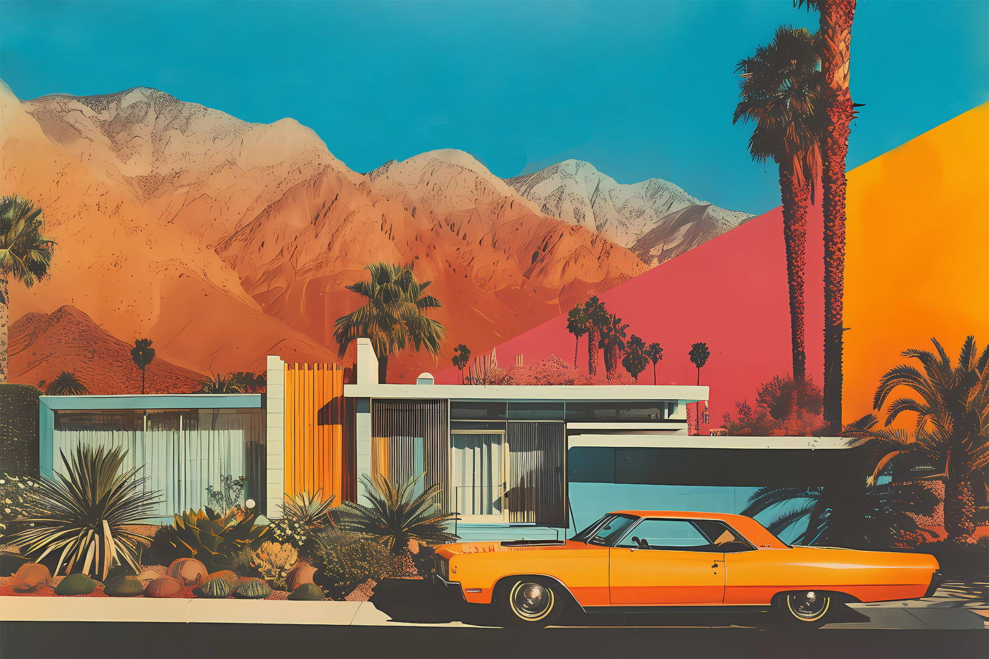 Palm Springs Mid-Century Modern Print with Classic Car and Desert Mountains