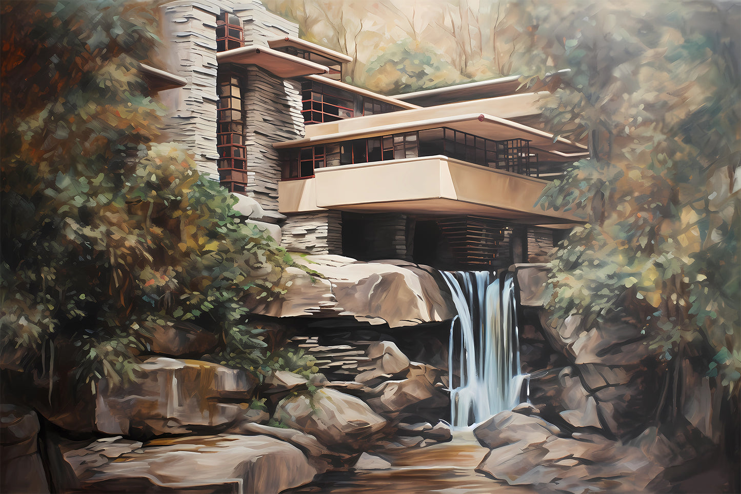 Fallingwater Print – Frank Lloyd Wright House Art, Midcentury Modern Architecture