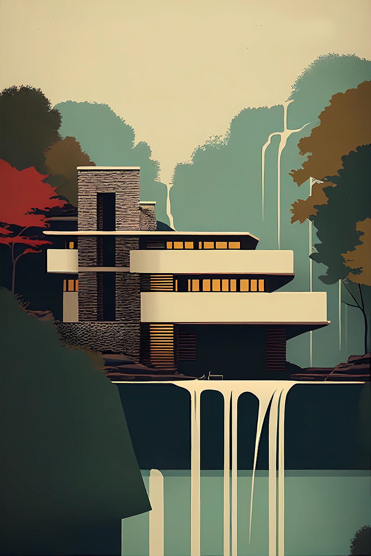 Fallingwater Poster – Modernist Frank Lloyd Wright Print, Minimal Bold Vector Style