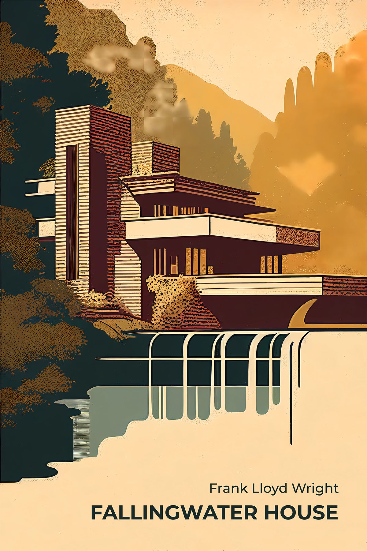 Fallingwater House – Frank Lloyd Wright Modernist Architecture Illustration