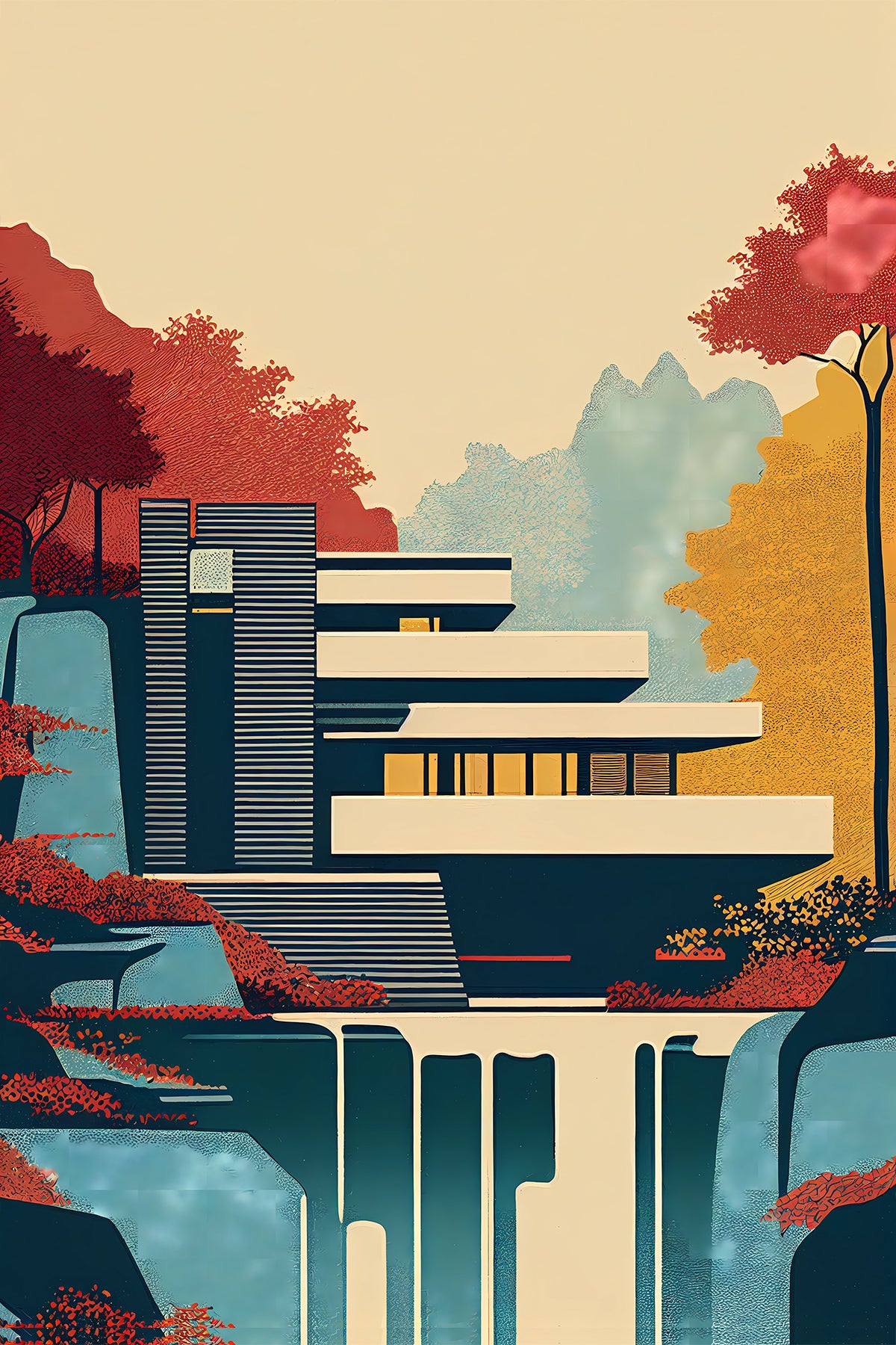 Fallingwater Poster – Frank Lloyd Wright Modernist Architecture Art Print