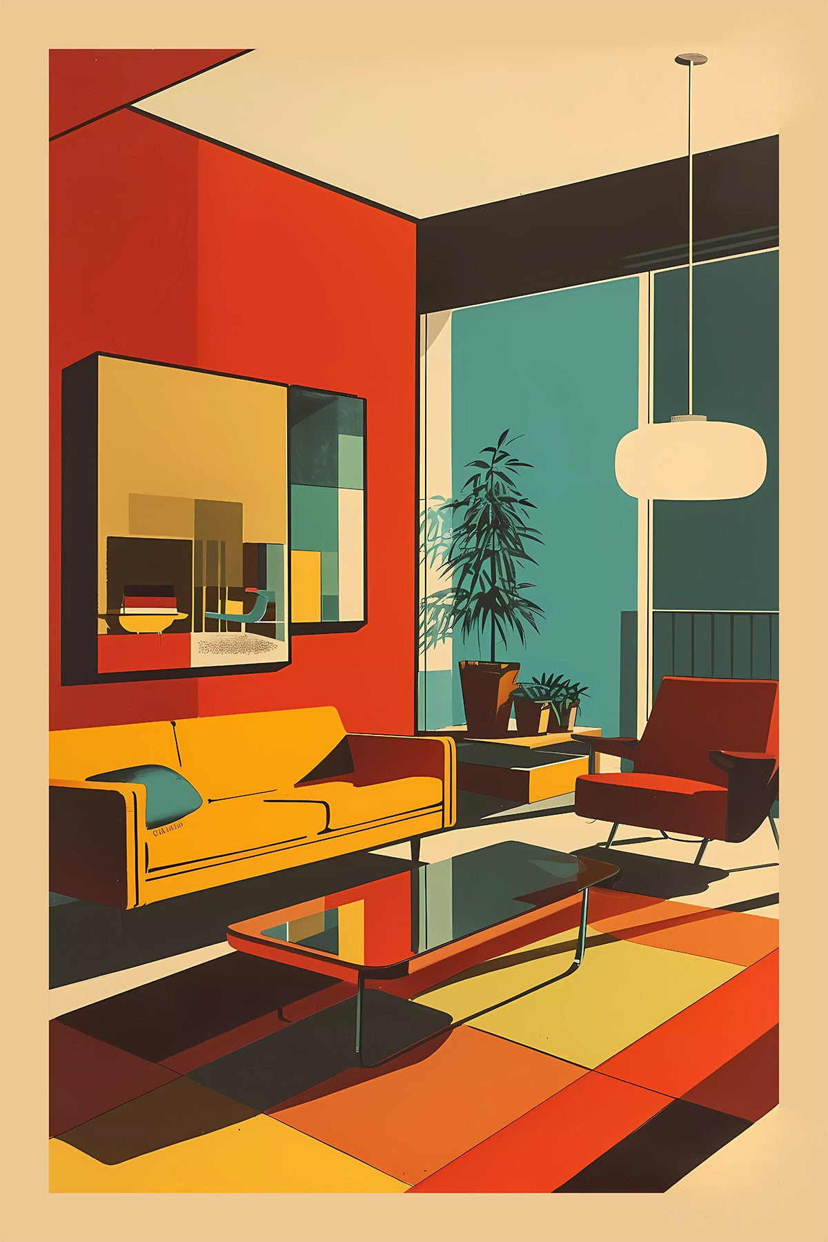 Vintage Mid Century Modern Interior Print, Retro Living Room