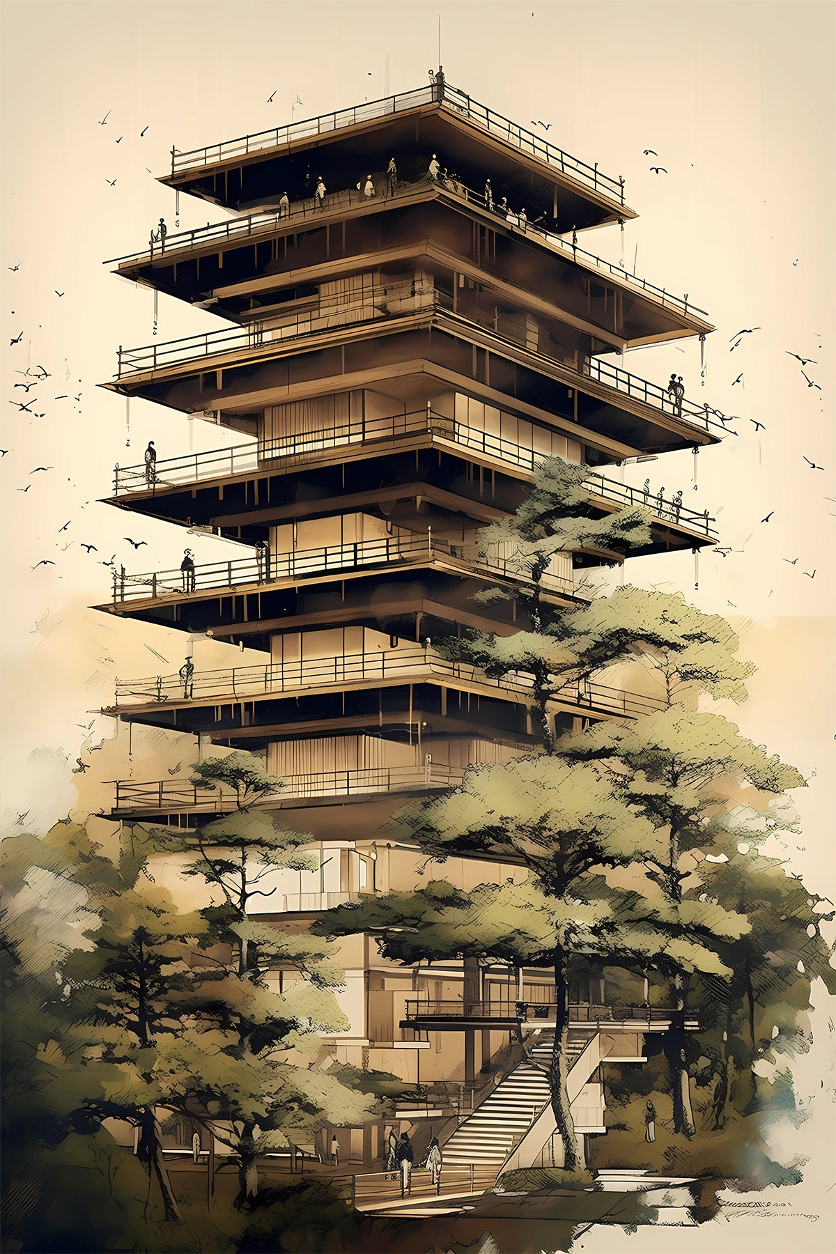Vertical Japanese Pagoda Art Print – Kengo Kuma Inspired Architecture
