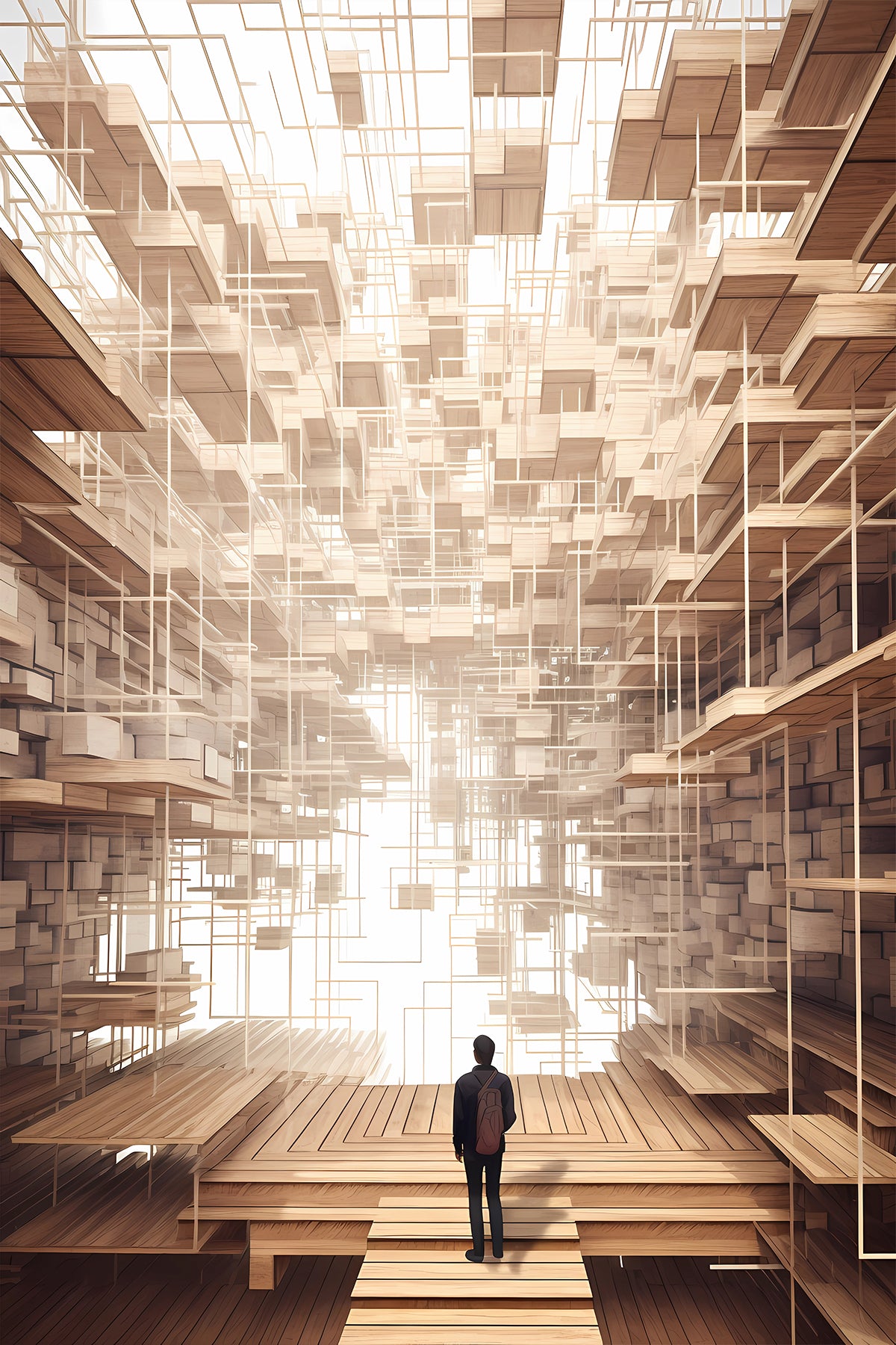 Kengo Kuma Inspired Abstract Print – Wooden Modular Structure