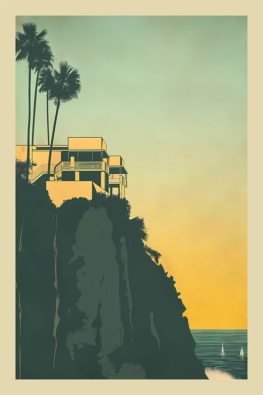 Cliffside Modernist House Art Print – Coastal Sunset Architecture