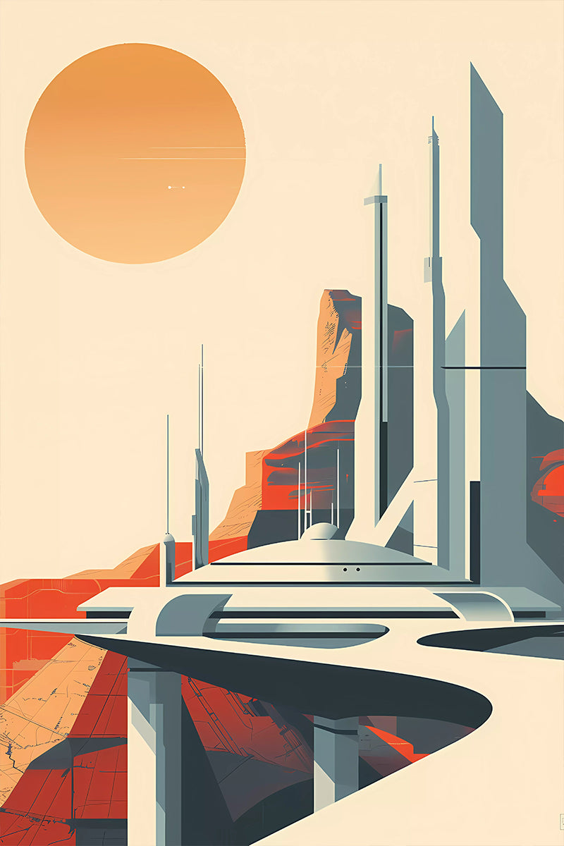Retro Sci-Fi Poster, Space Colony, Mid-Century Futurism Architecture Illustration