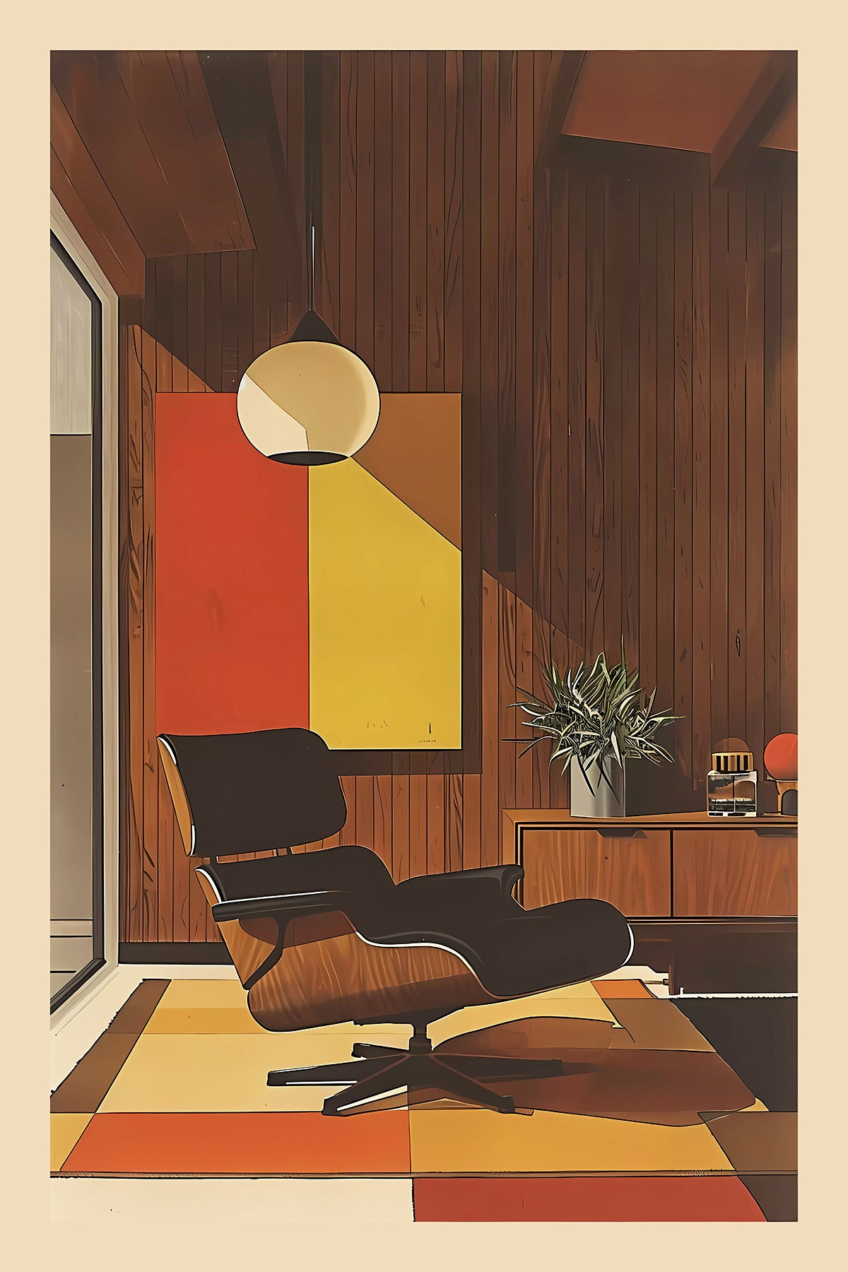Mid-Century Modern Eames Lounge Chair Print – Retro Wood Panel Interior