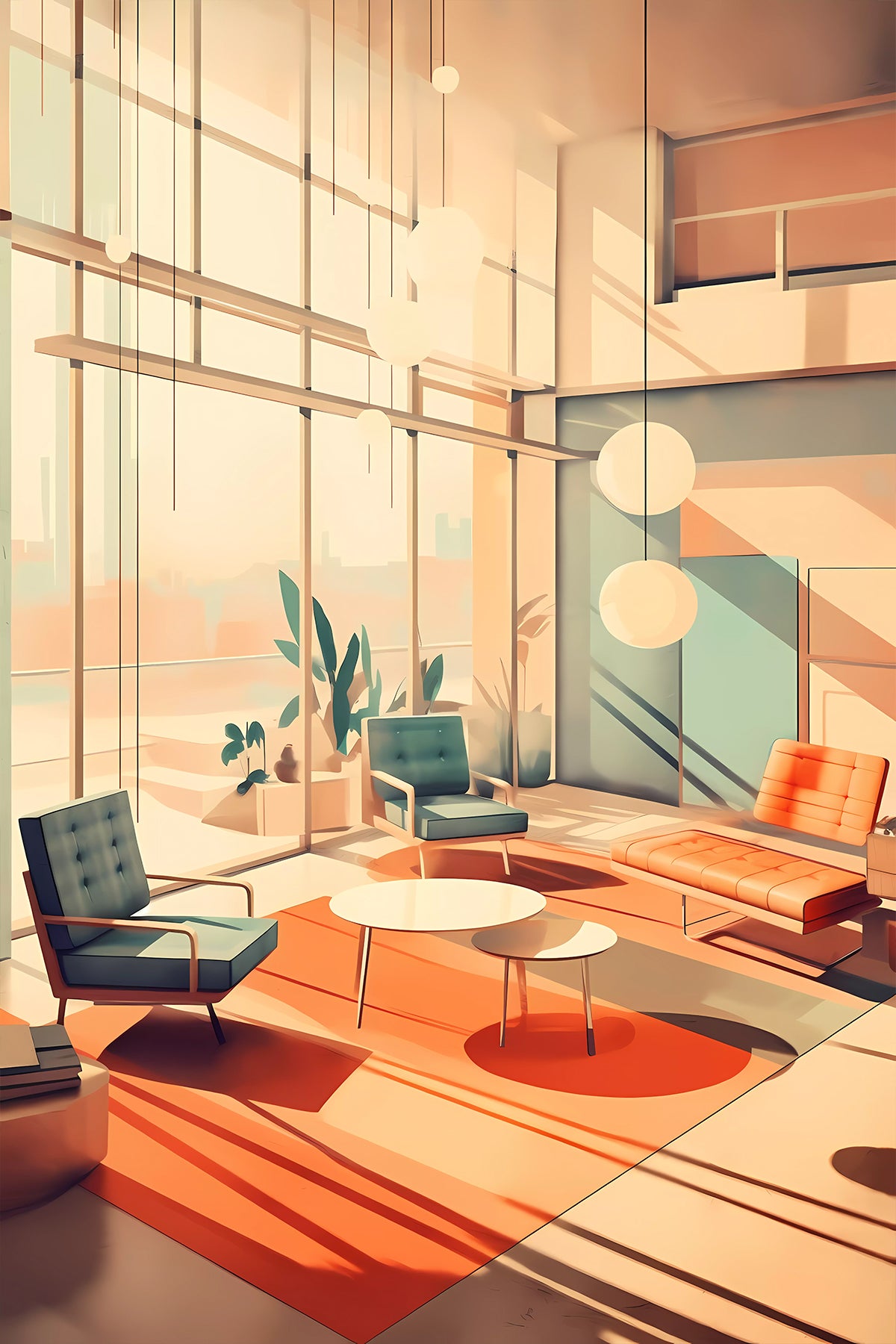 Midcentury Modern Print – Sunlit Living Room in Bauhaus Palette