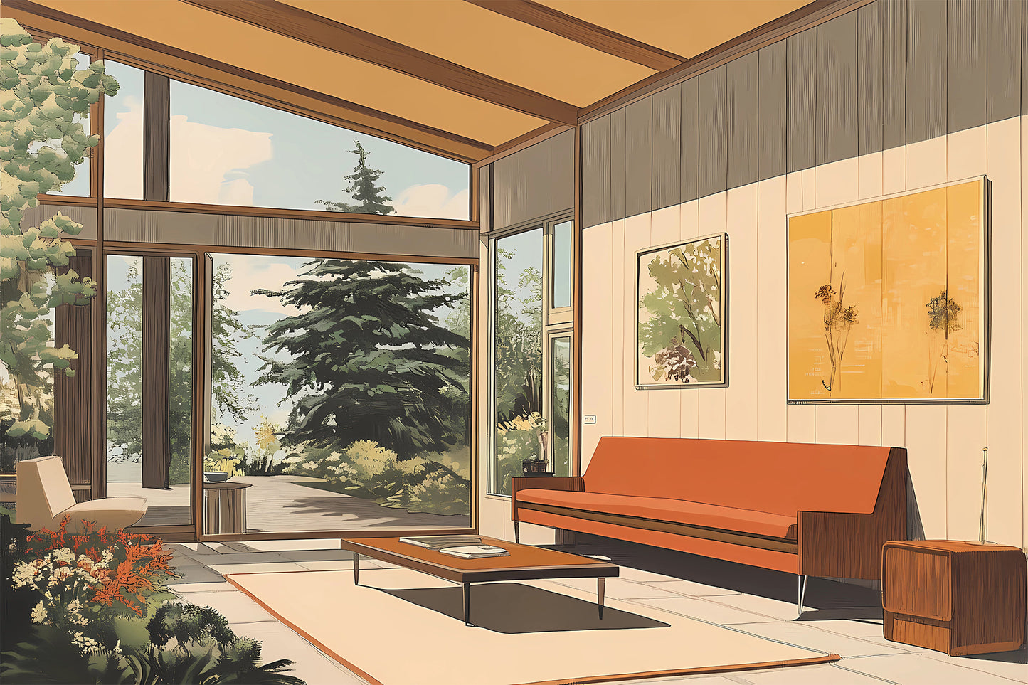 Mid-Century Modern Interior Print – Retro Architecture Wall Art