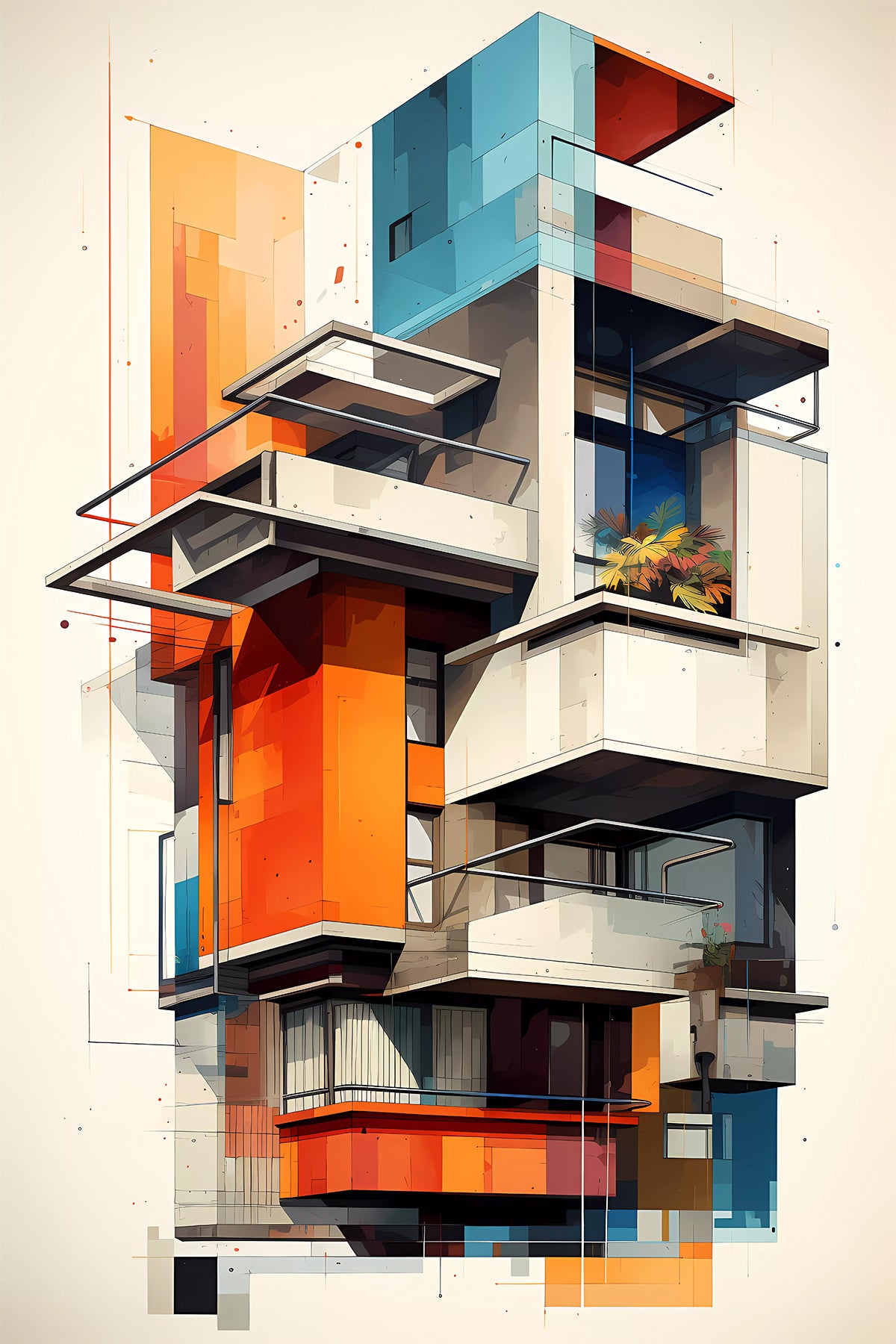 Bauhaus Modernist Abstract Architecture – Geometric Balcony Composition