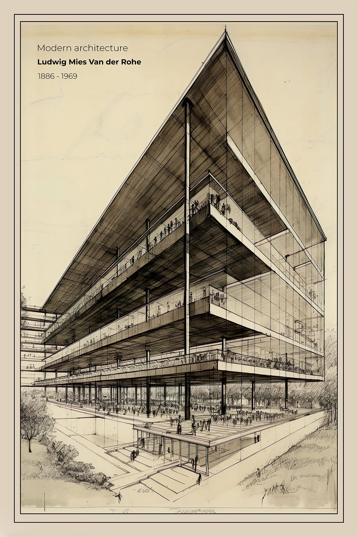 Modernist Architecture Print – Mies van der Rohe Glass Pavilion Drawing