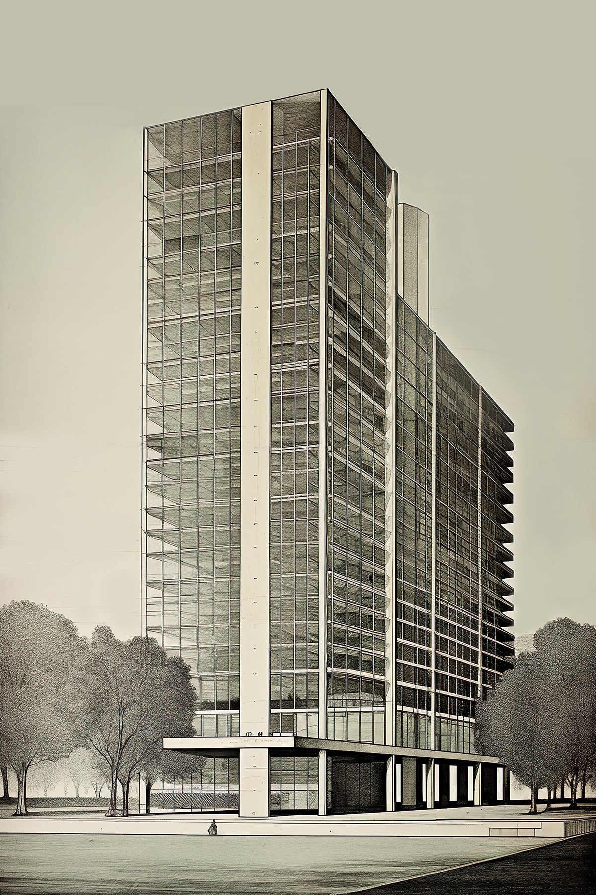 Vintage Modernist Glass Tower Elevation in Mies van der Rohe Style