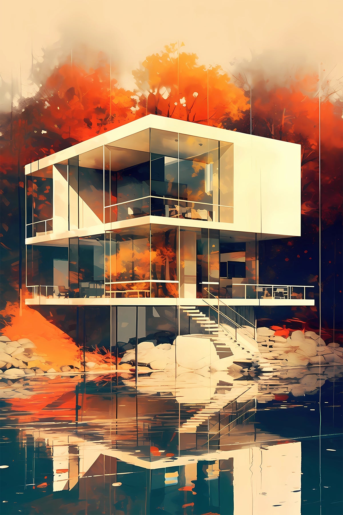 Modern Glass House Autumn Landscape Print – Mid-Century Inspired