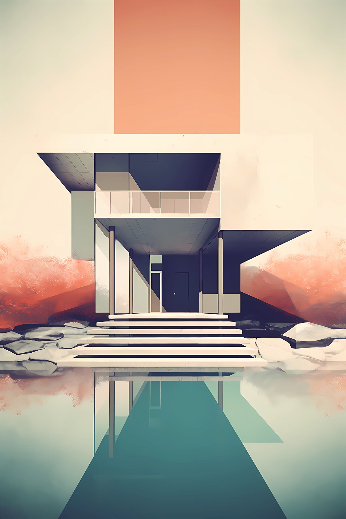Modernist Architecture Print – Minimalist House with Pool Reflection