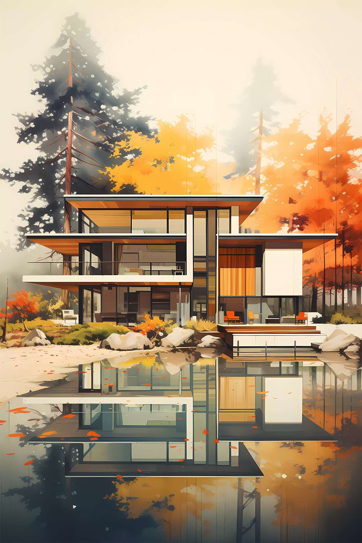 Modern Lake House – Contemporary Architecture in Autumn Forest