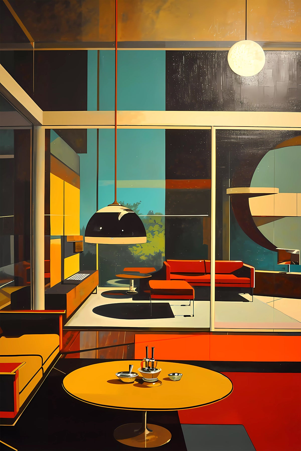 Mid-Century Modern Interior – Abstract Retro Living Room in Bold Colors