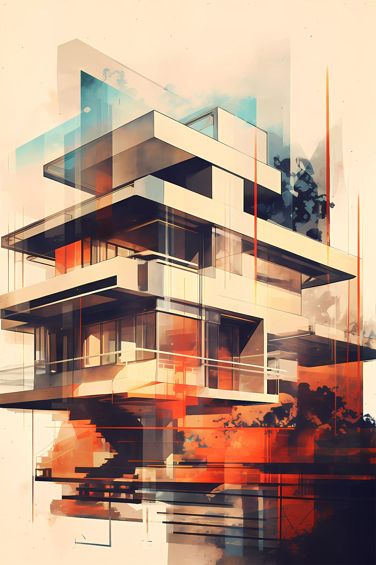 Modern Architecture Abstract Print – Geometric Mid-Century Inspired Illustration