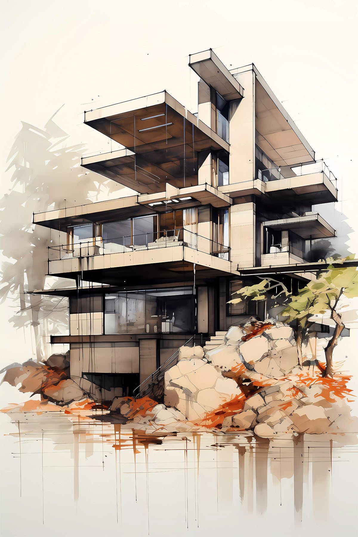 Brutalist Modern Cliffside House Illustration – Architectural Wall Art