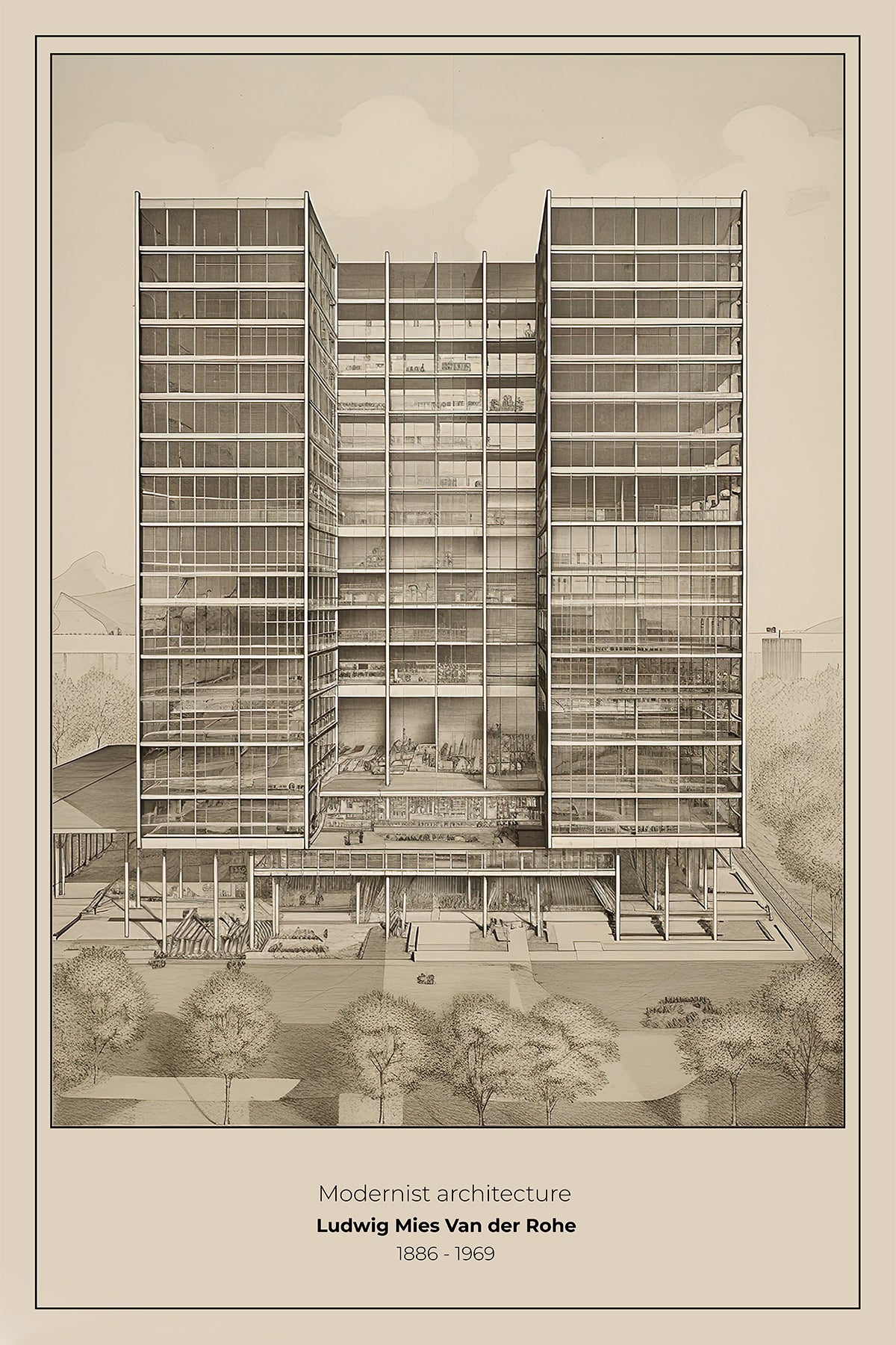 Modernist Mies van der Rohe Elevation Print – Glass Architecture Drawing