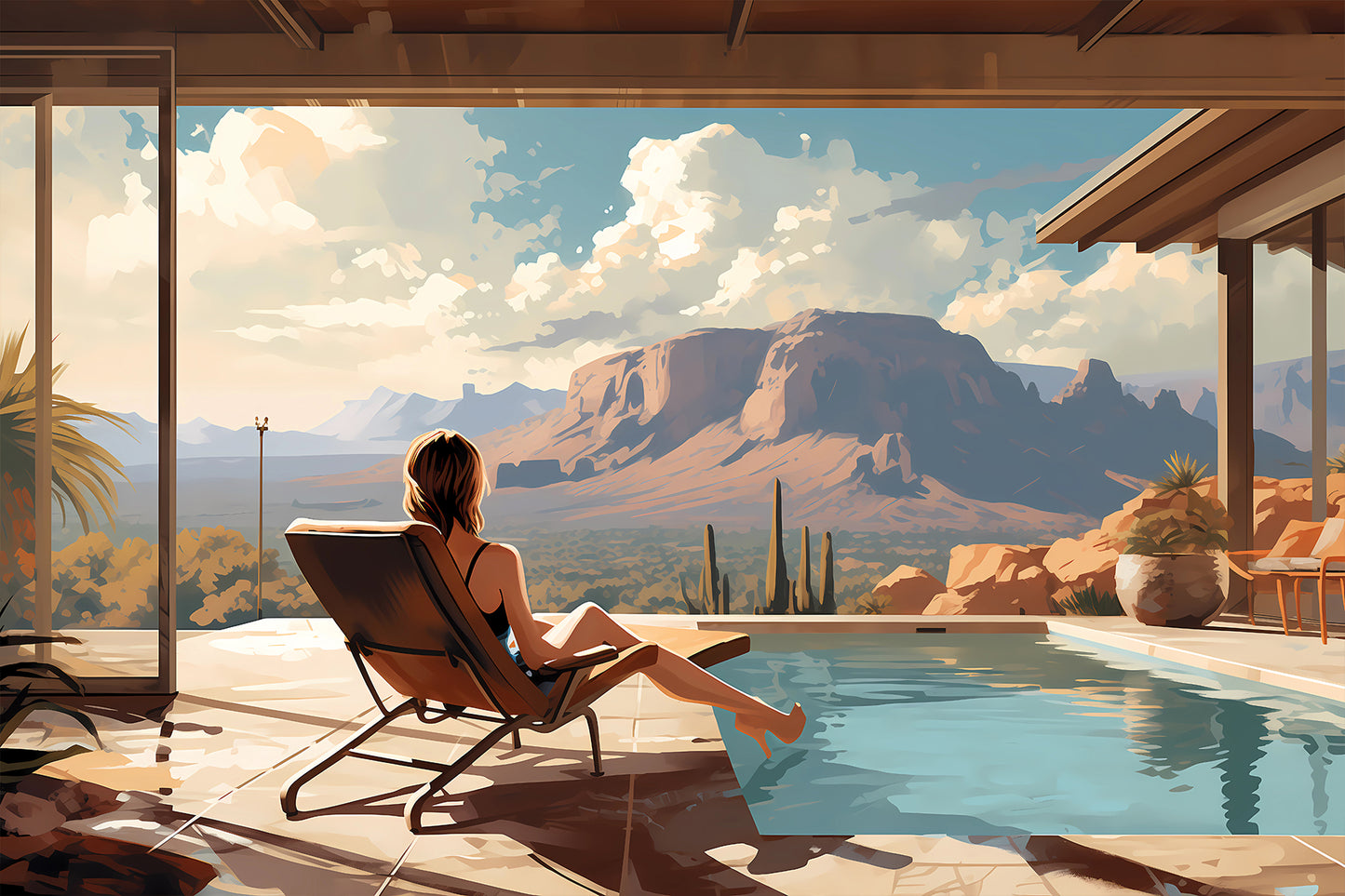 Mid-Century Desert Retreat Print – Modernist Poolside Mountain View