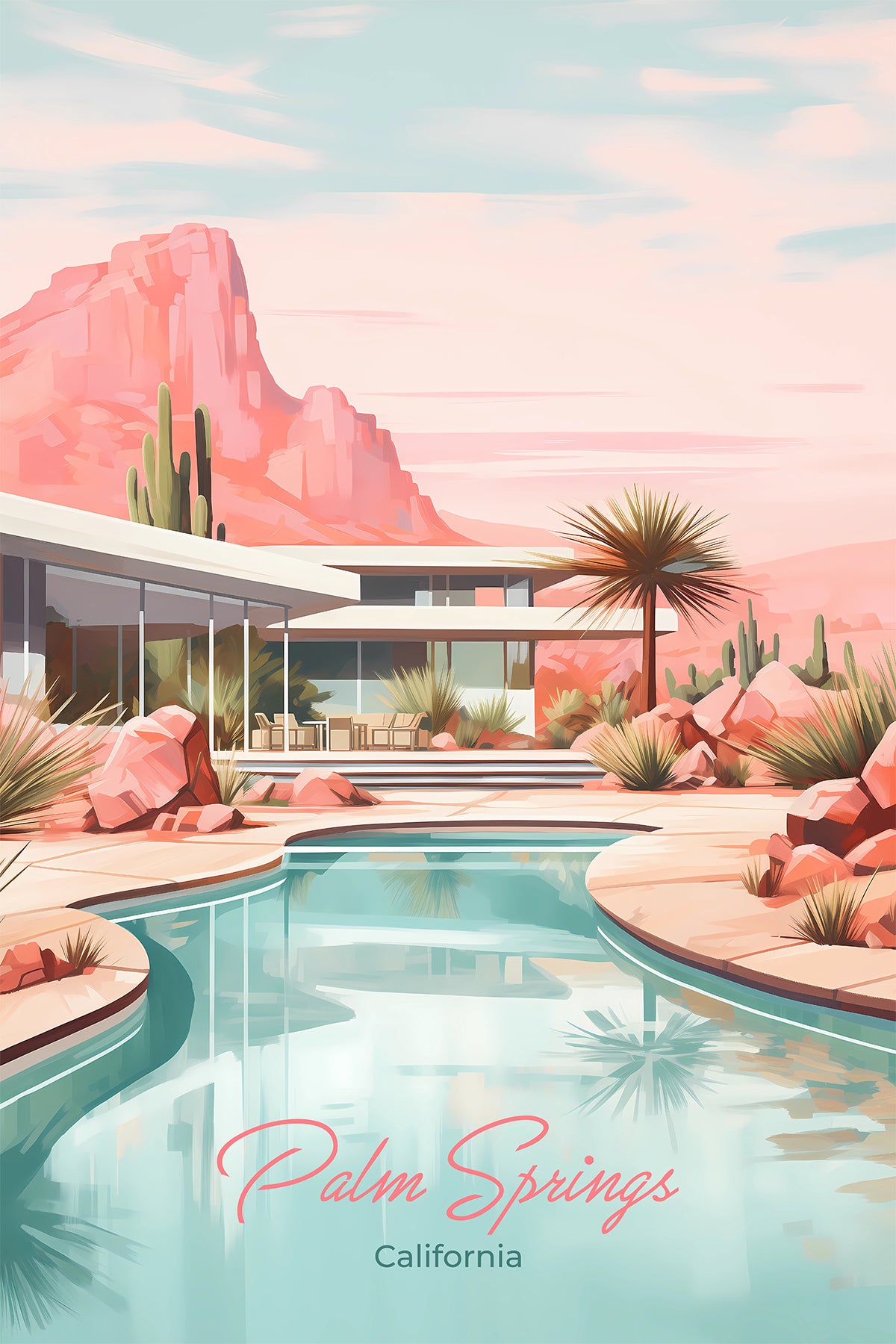 Palm Springs California Travel Poster – Mid-Century Modern Desert Poolside