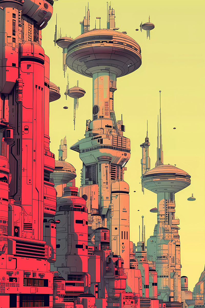 Futuristic Sci-Fi Cityscape Poster, Retro Space Age Architecture Print, Neon Skyline