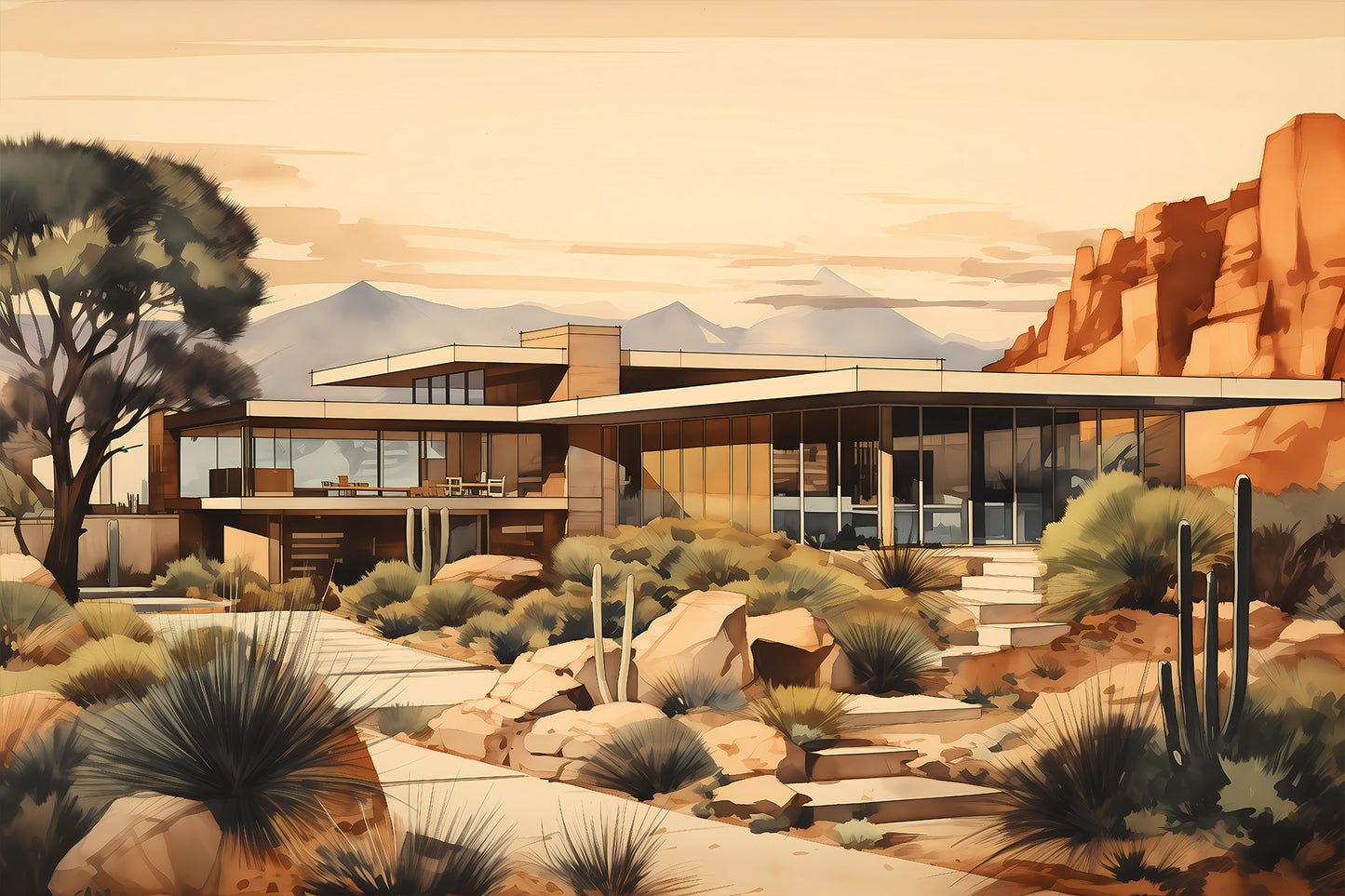 Richard Neutra Inspired Desert Modernist Print – Mid-Century Architecture