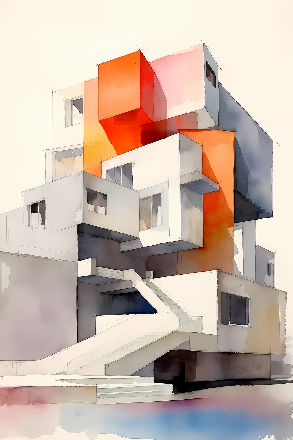 Richard Rogers Inspired Architecture – Abstract Modernist Watercolor Cubes