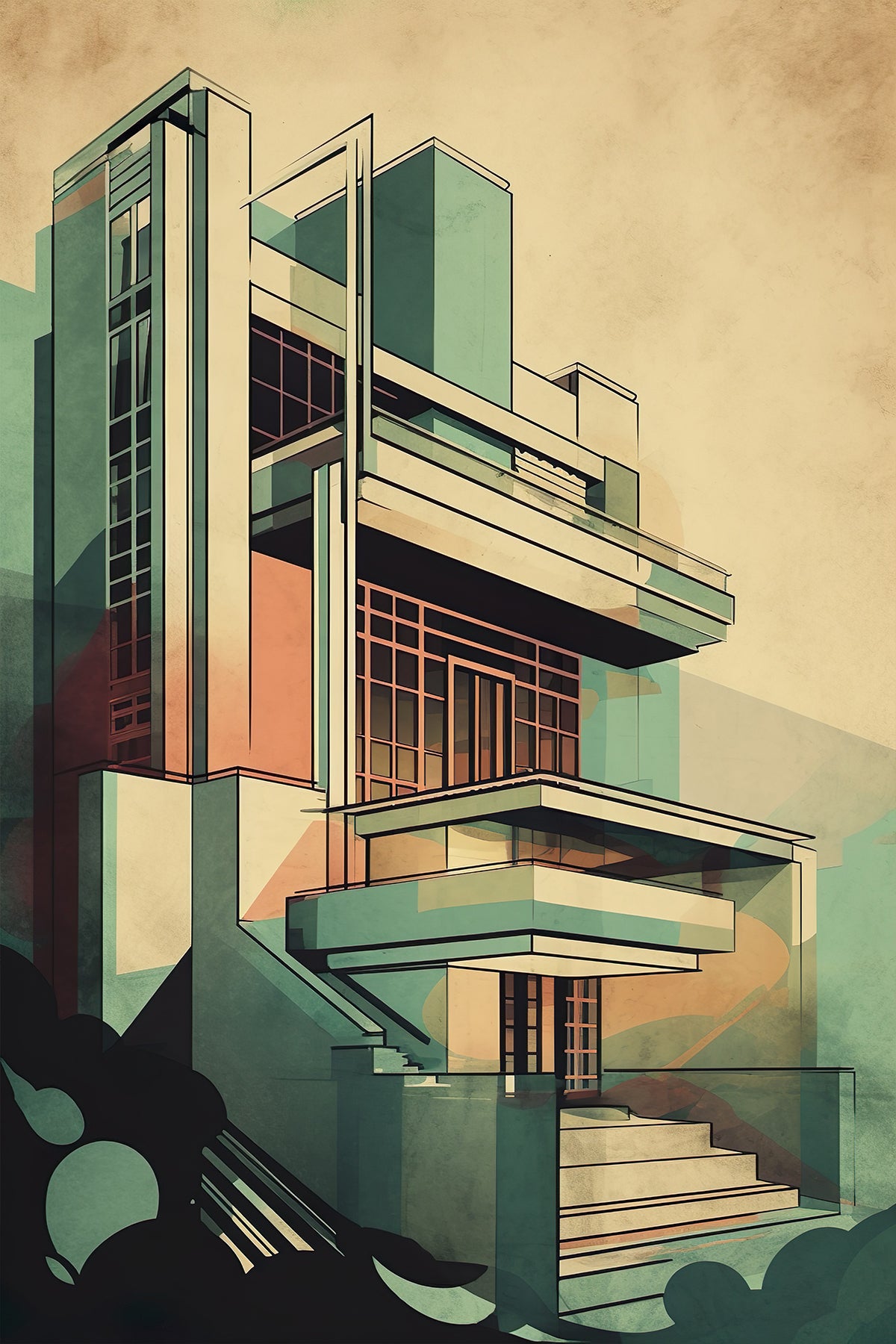 Bauhaus Architecture Poster – Vintage Modernist House Illustration