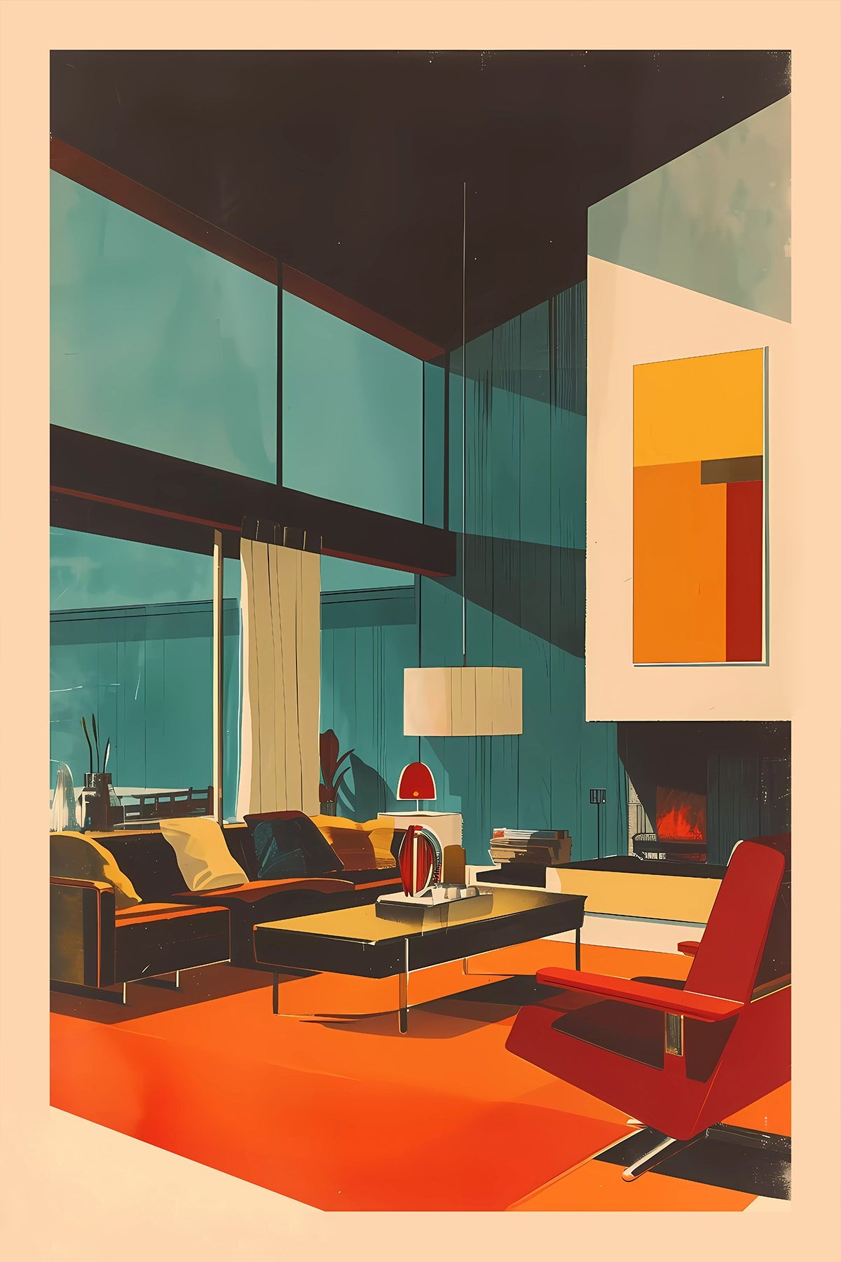 Mid-Century Modern – Retro Living Room with  Bold Color Palette