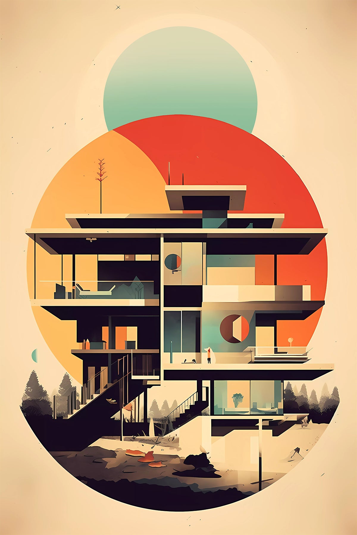 Mid-Century Modernist House – Vintage Abstract Architectural Poster