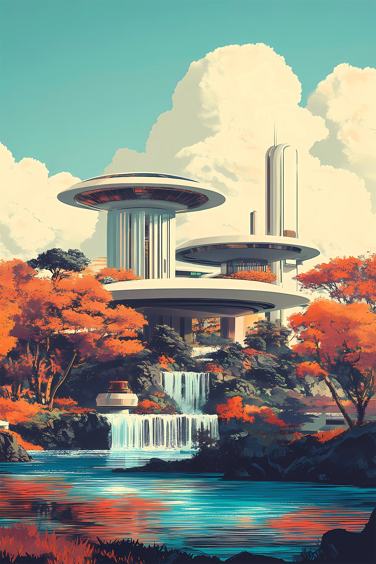 Futurist Architecture Waterfall City Print | Retro-Futurism Modernism