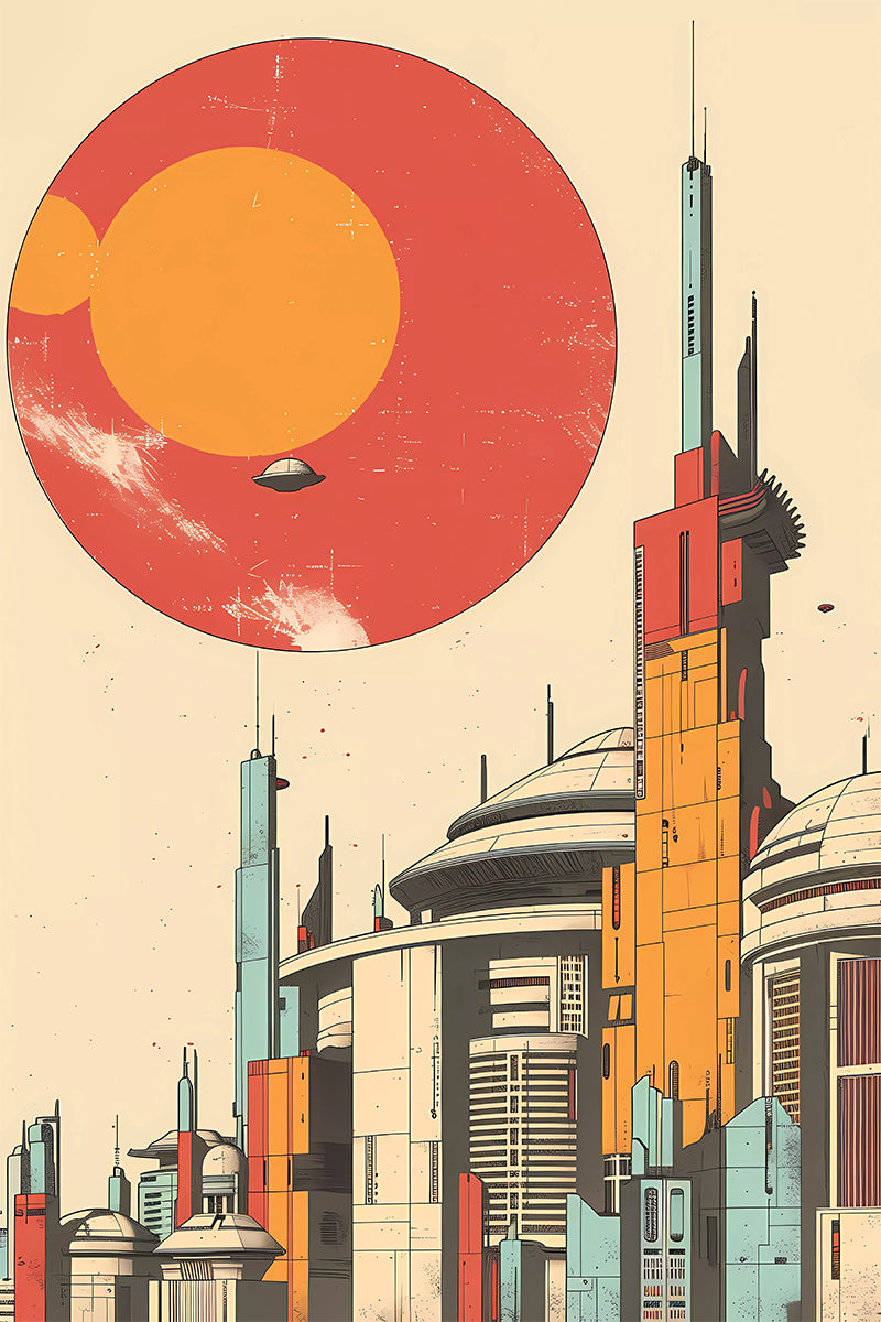 Retro Sci-Fi City Print with Twin Suns, Futuristic Metropolis Poster, Space Age