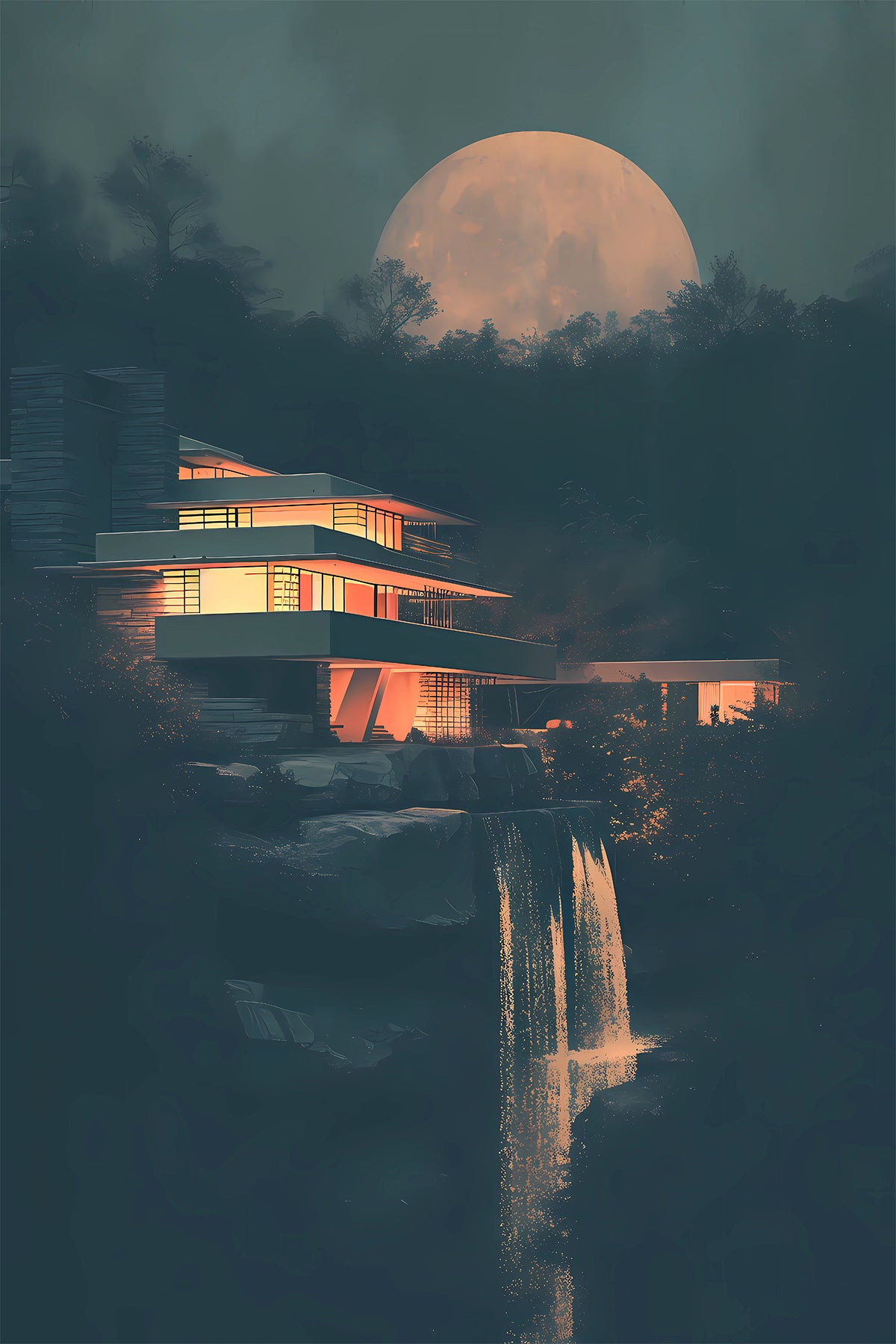 Fallingwater Inspired Moonlit Night Scene, Frank Lloyd Wright