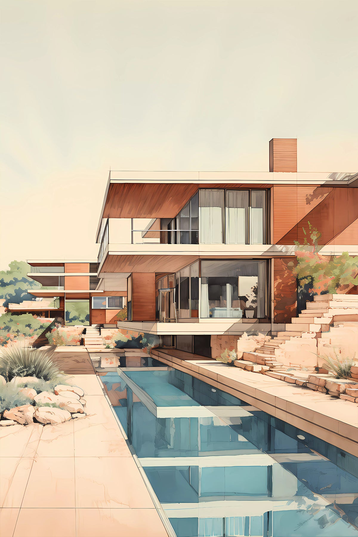 Modernist Villa Art Print – Mid-Century Inspired Architecture with Pool
