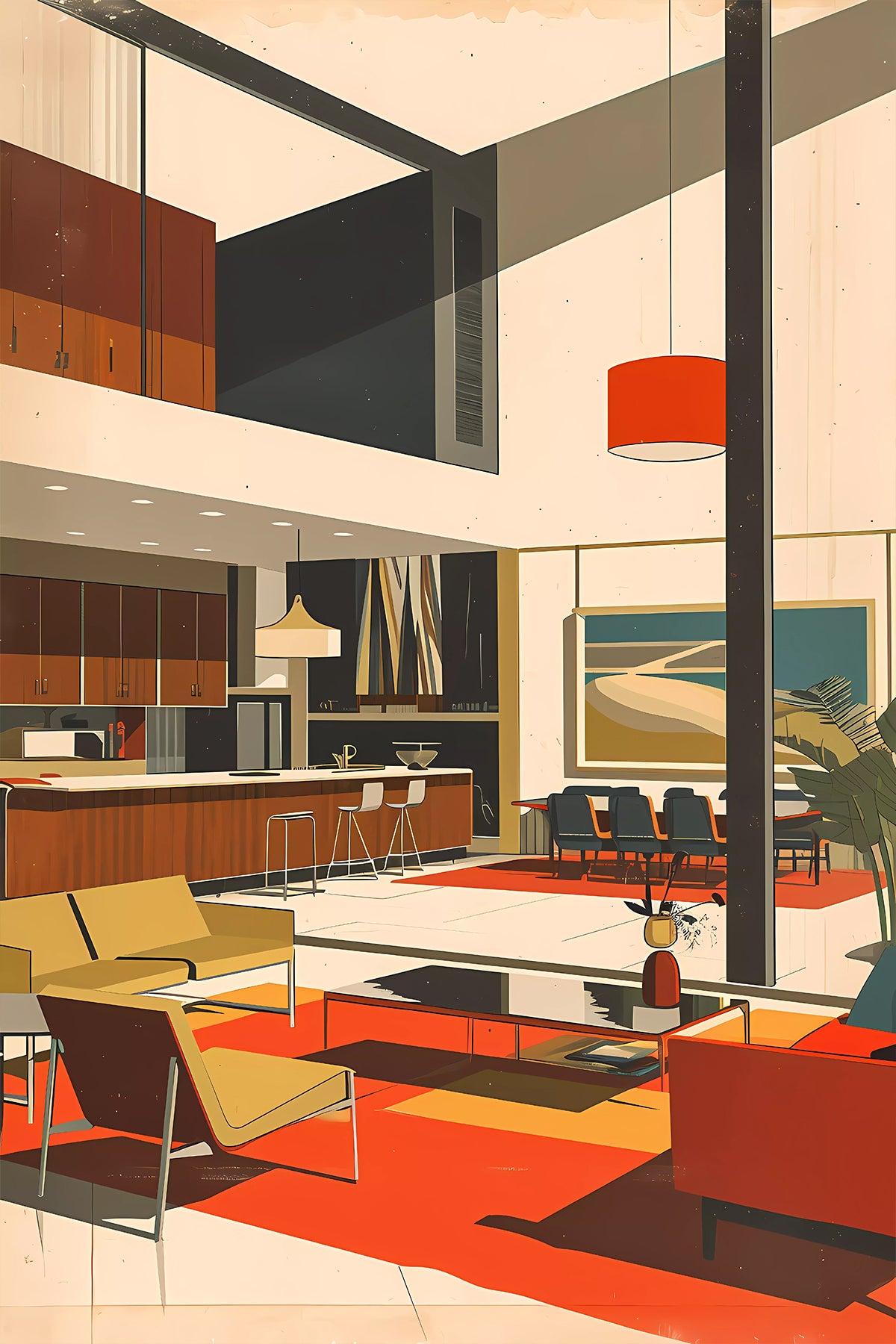 Mid Century Modern Interior, Retro Open-Plan Kitchen and Living Room