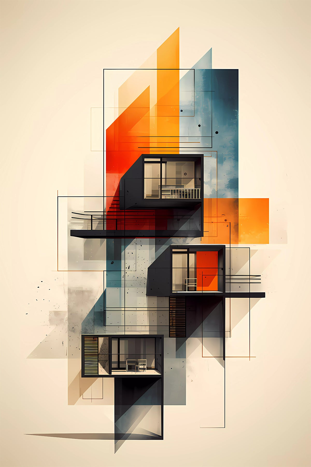 Bauhaus Geometric Abstract Architecture– Modernist Constructivist Wall Art