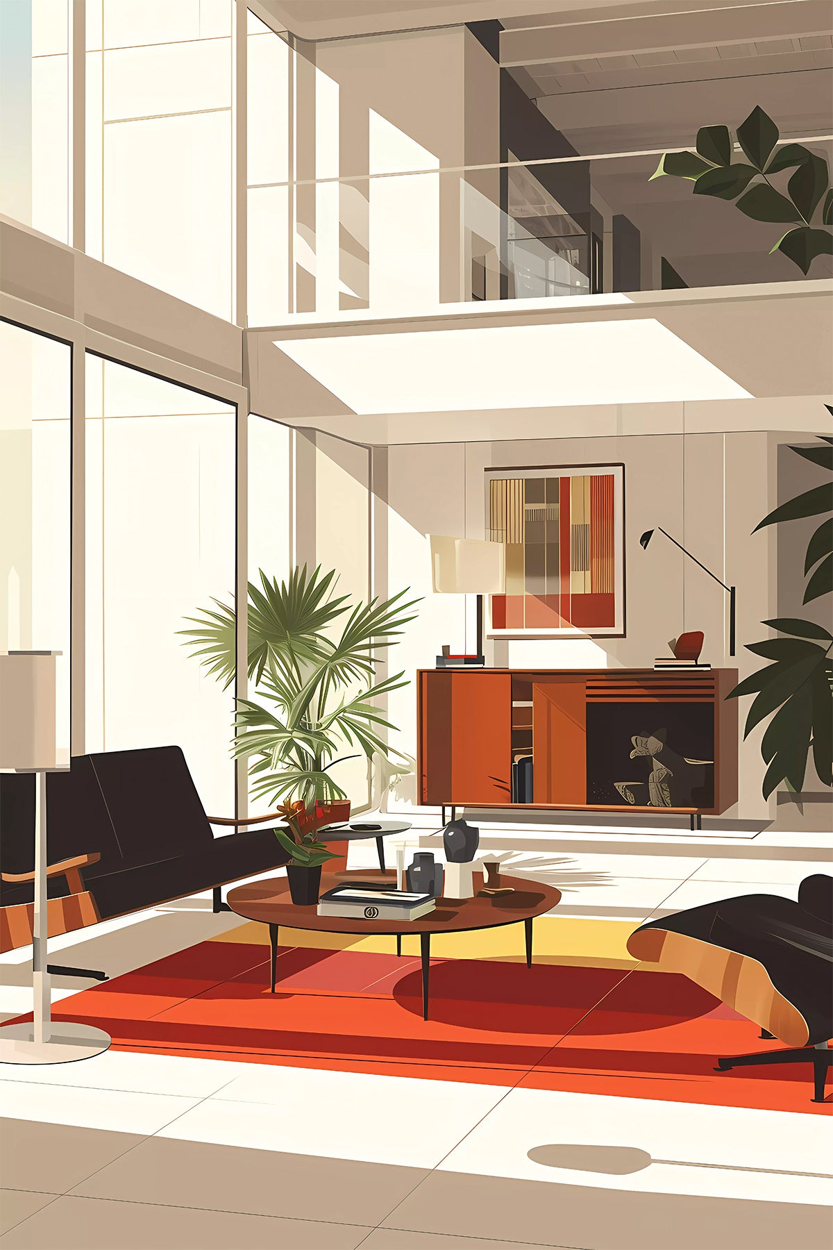 Mid Century Modern Interior, Sunlit Retro Living Room with Glass Facade
