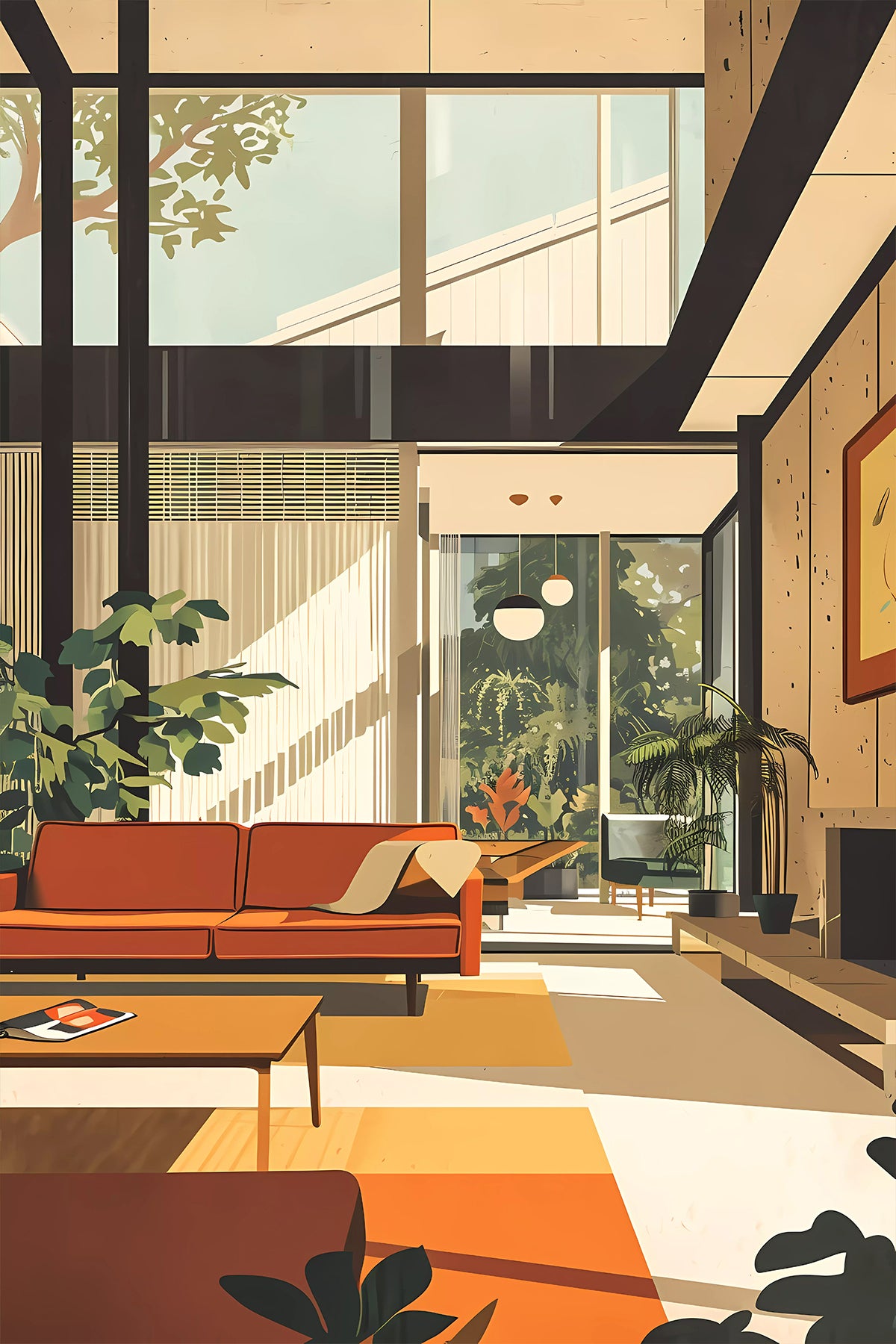 Mid Century Modern Interior Print, Palm Springs Retro Living Room