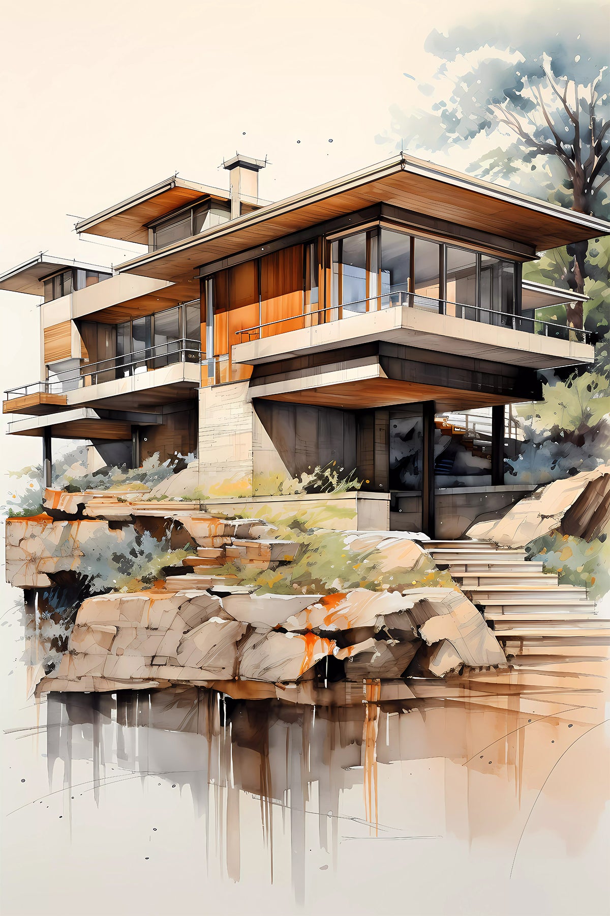 Modernist Cliffside House Illustration – Mid-Century Inspired Wall Art